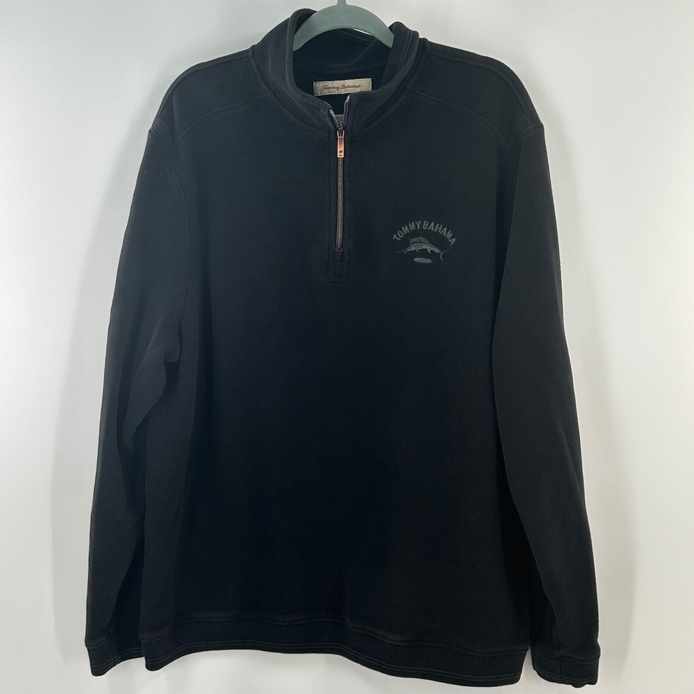 Tommy Bahama Mens XL Black 100% Cotton Ribbed 1/4 Zip Pullover Sweater Marlin